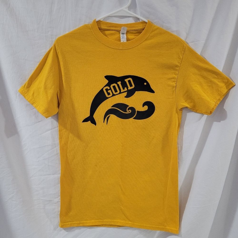 Jerzees size small yellow gold dolphin graphic short sleeve tee shirt